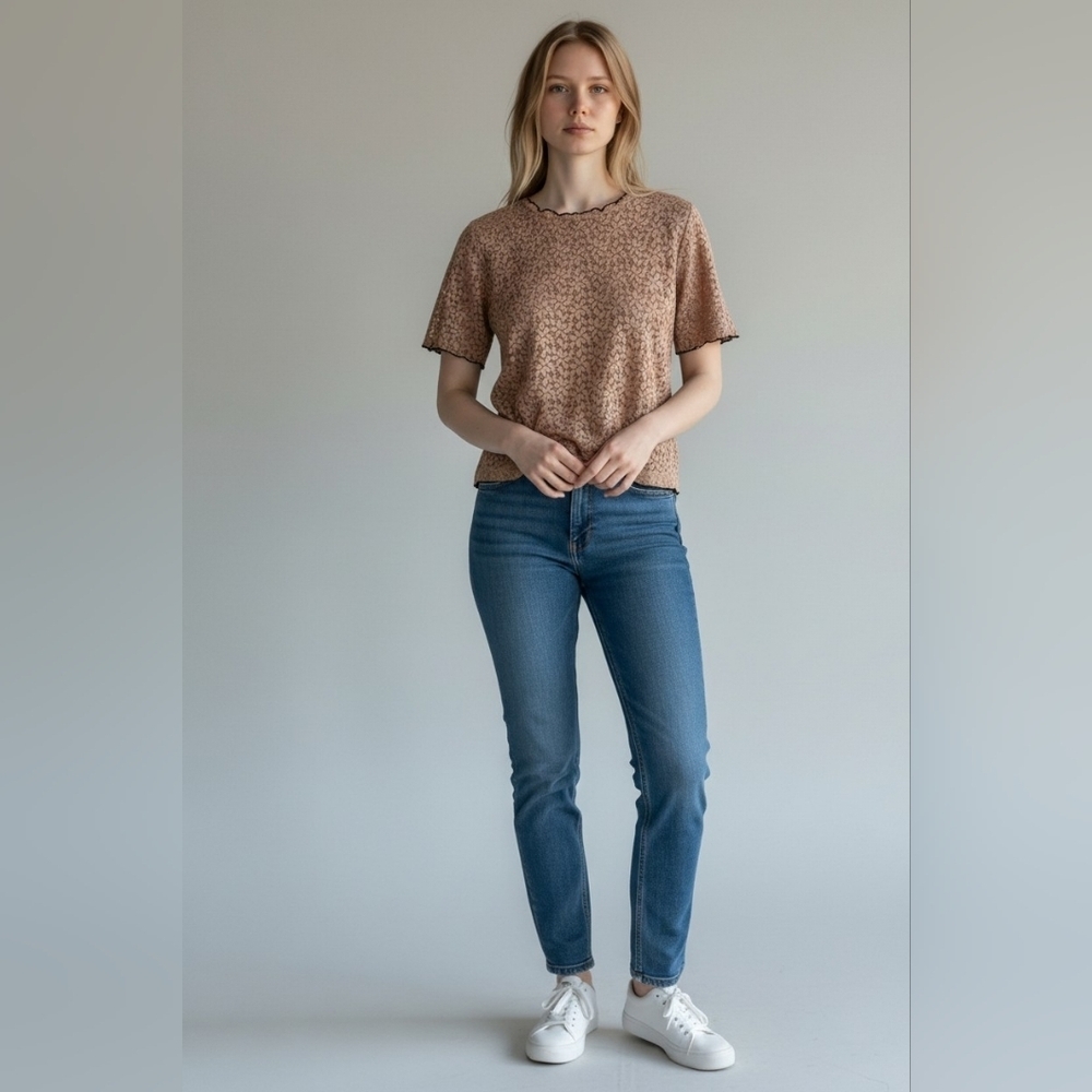 Zara Taupe Brown Lace Printed Short-Sleeve Top